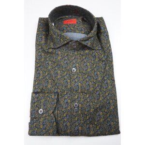 Isaia Vibrant Green Blue Floral Long Sleeve Cotton Dress Shirt 15.5/39 NEW